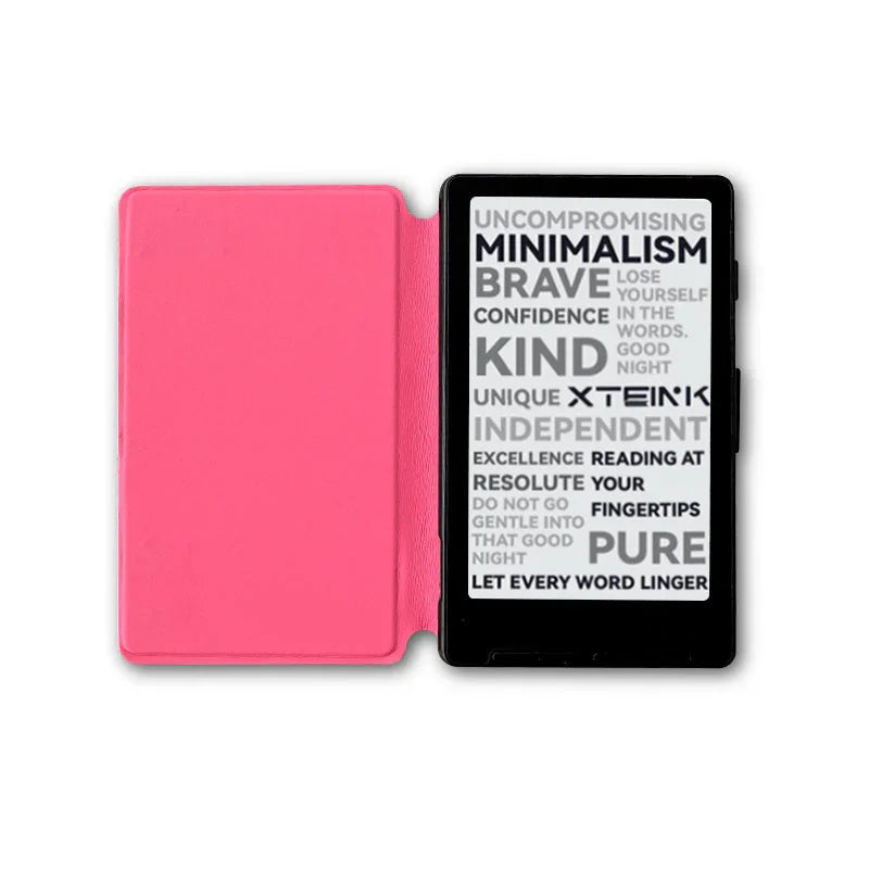 Ultra-thin eReader with pink case, displaying minimalist text on screen for modern reading experience