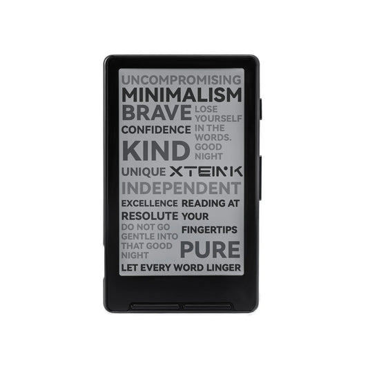 Ultra-thin eReader displaying minimalist typography, ideal for portable, eye-friendly reading experience.