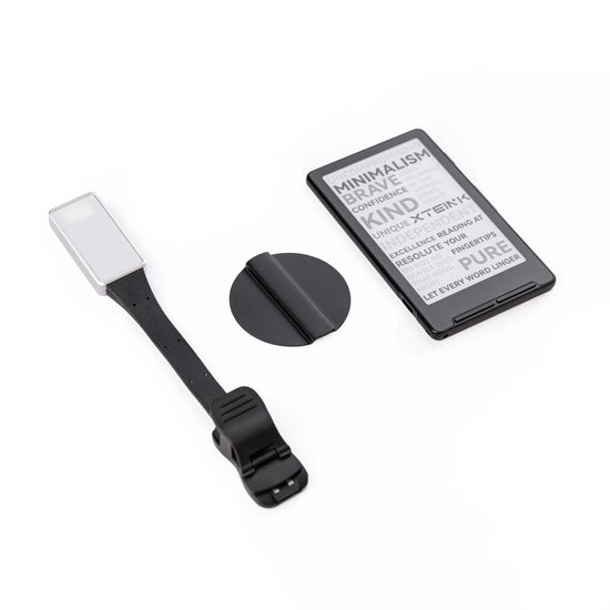 Ultra-thin eReader with clip-on reading light and magnetic cover, perfect for portable, eye-friendly reading.