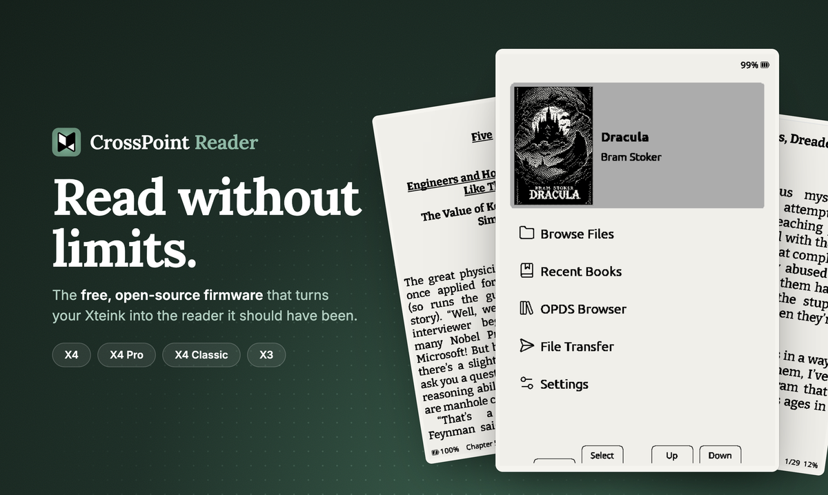 CrossPoint Reader showing the home screen, file browsing, recent books, an OPDS browser, file transfer, and settings.