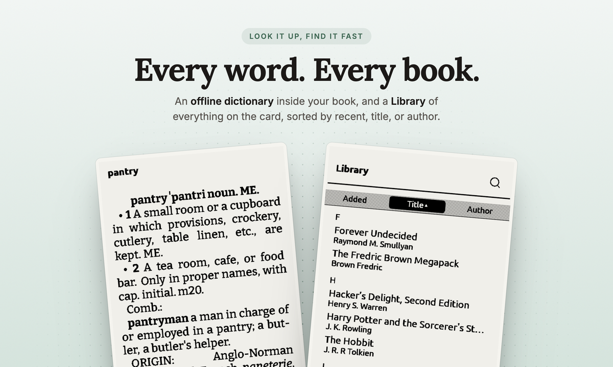 CrossPoint Reader showing the home screen, file browsing, recent books, an OPDS browser, file transfer, and settings.