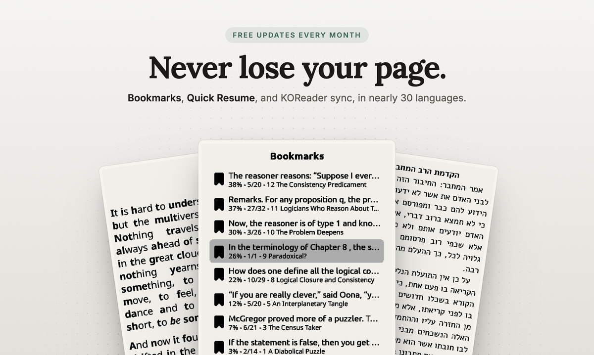 CrossPoint Reader showing the home screen, file browsing, recent books, an OPDS browser, file transfer, and settings.