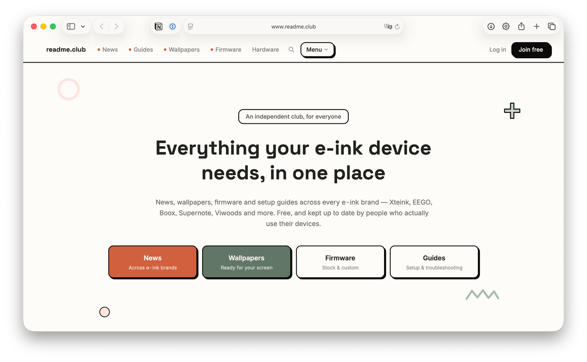 Readme.club community website with guides and resources for e-ink readers.