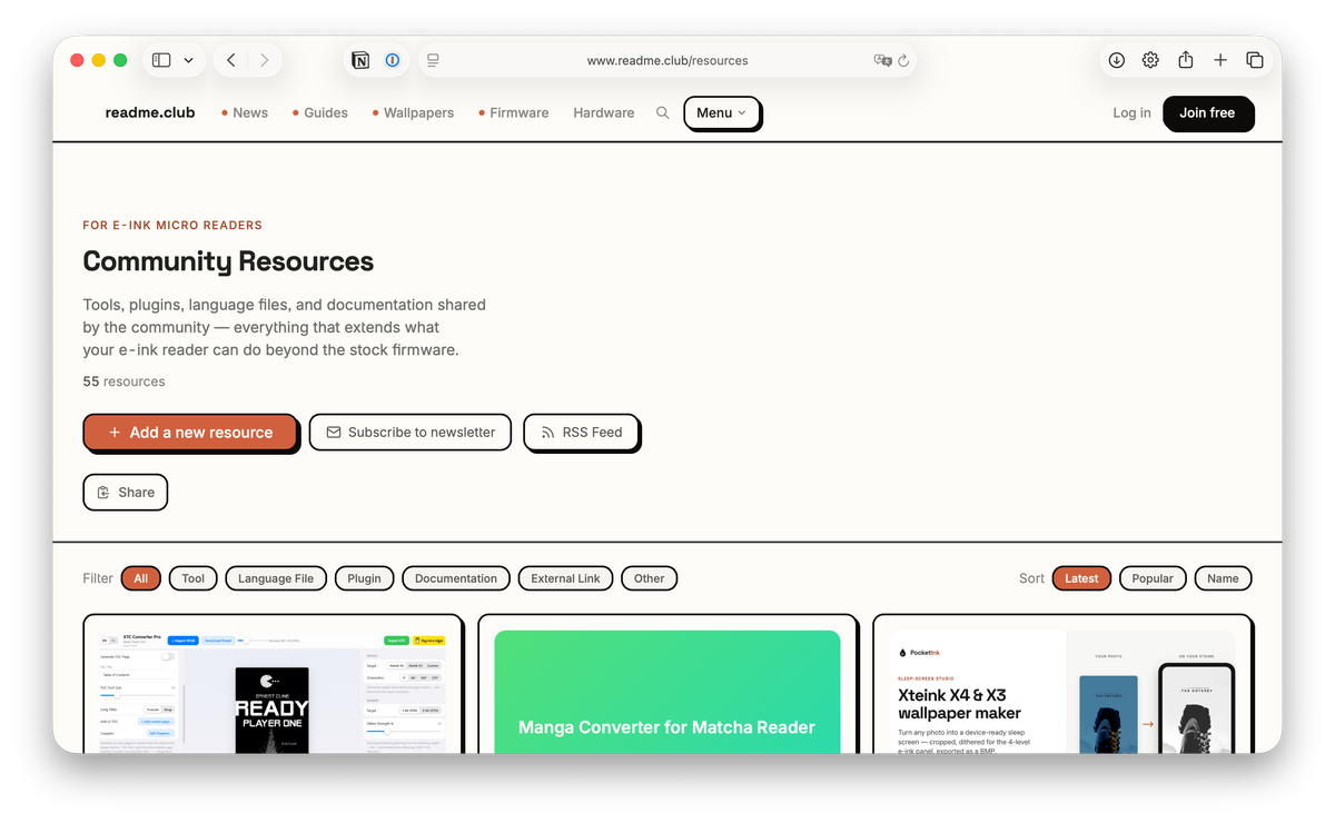 Readme.club community website with guides and resources for e-ink readers.